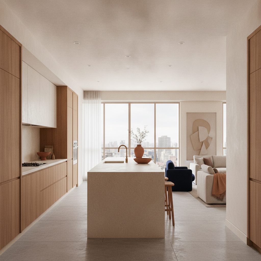 Interior conceptual de apartamento remodelado con luz natural