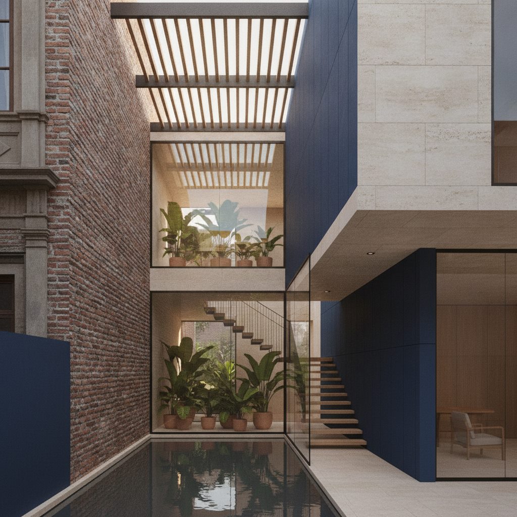 Visualización conceptual de casa existente renovada y conectada con el jardín