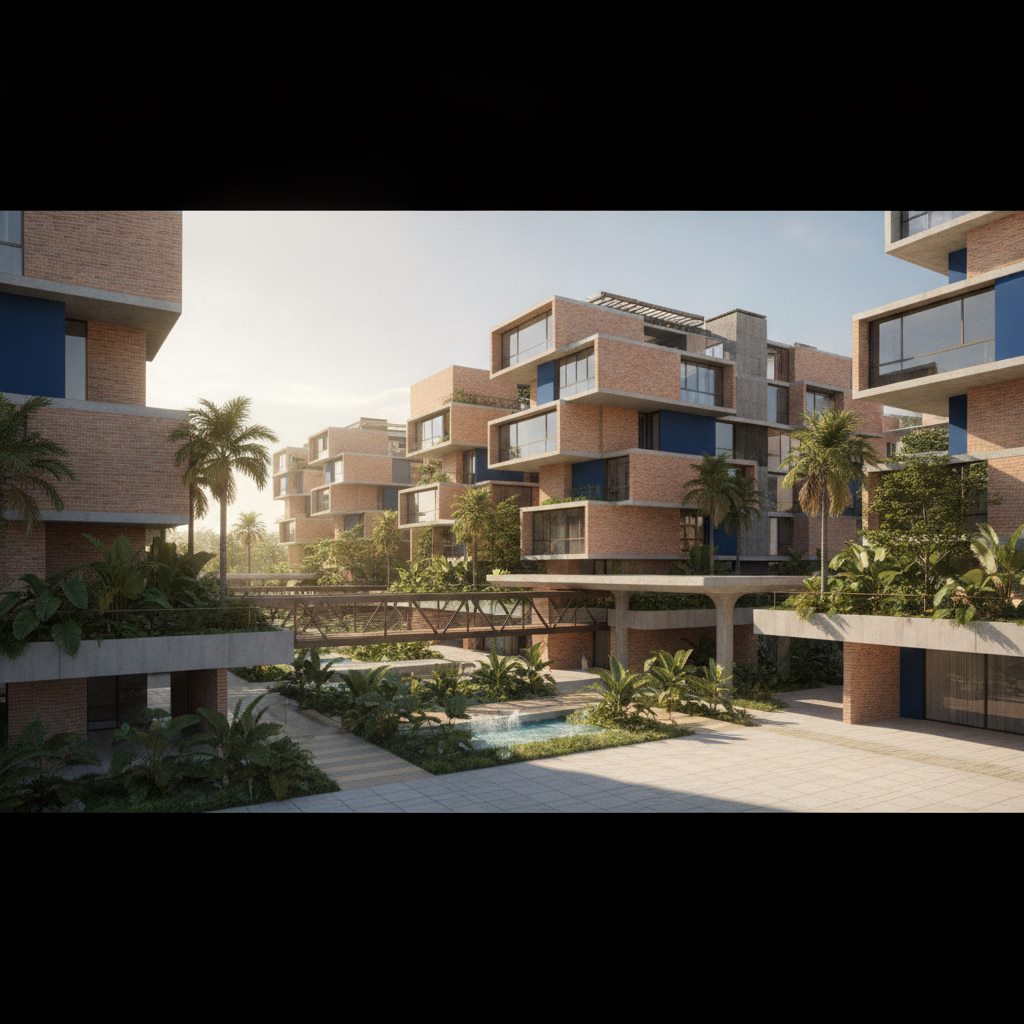 Conjunto residencial conceptual con áreas verdes