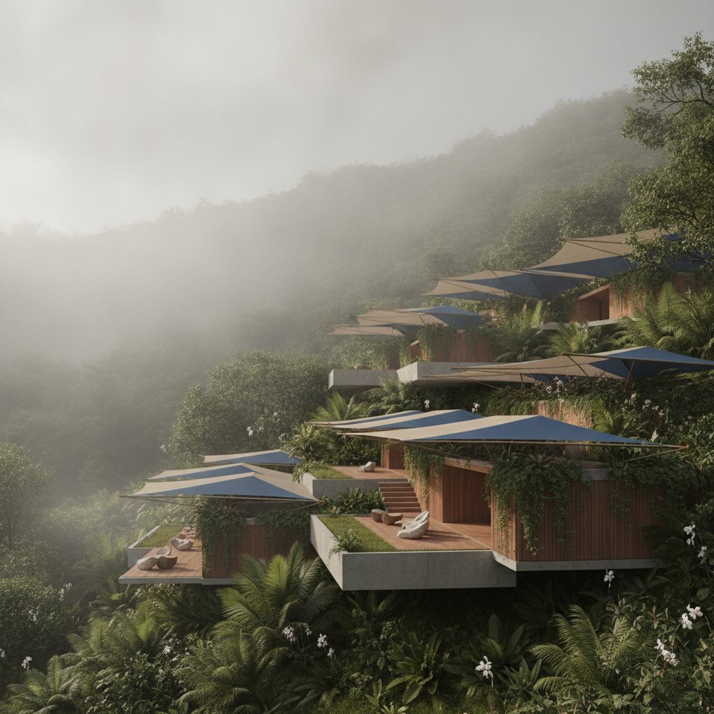Arquitectura conceptual en una ladera verde de Colombia